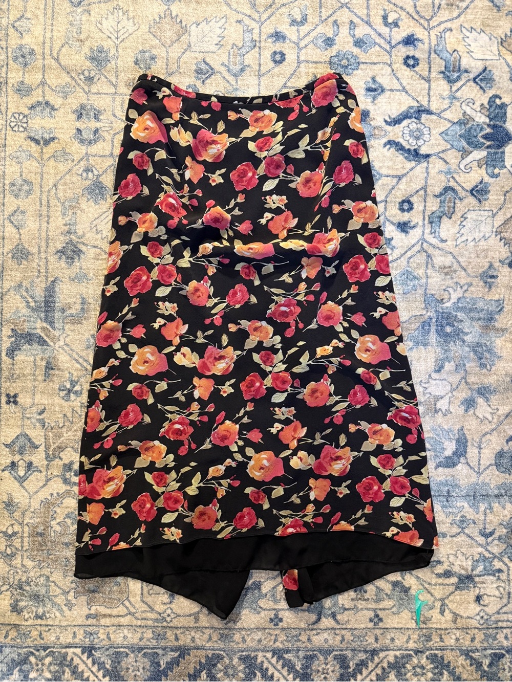 Ann Taylor Black Floral Midi Skirt with Pink & Orange Roses